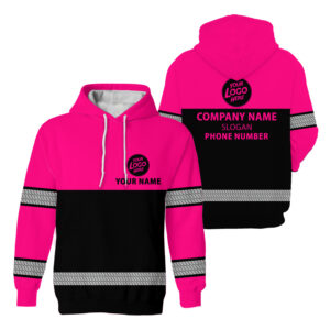 Hi Vis Hoodie Black And Pink Reflective Horizontal Pattern Custom Company Safety Workwear