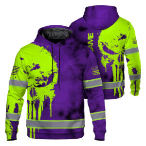 Hi Vis Hoodie Reflective Black Pattern Skull Custom Name Safety Workwear For Workers, Runners, Truckers, Skull Lovers