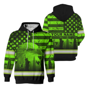 Hi Vis Hoodie Reflective Custom Name Eagle US Flag America City Patriotic, High Visibility Shirts Class 3