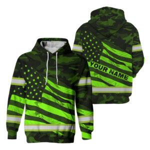 Hi Vis Hoodie Reflective Custom Name US Flag Wave Safety Workwear For Workers Runners Patriotic