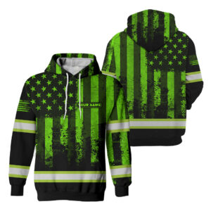 Hi Vis Hoodie Reflective Flag USA Custom Name Safety Shirt For Men For Workers Runners Patriotic, High Visibility Shirts Class 3