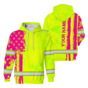 Hi Vis Hoodie Reflective Green Neon Flag USA Custom Name Safety Workwear For Workers Runners Patriotic