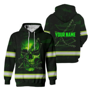 Hi Vis Hoodie Reflective Green Neon Skull With Chain Custom Name Safety, High Visibility Shirts Class 3