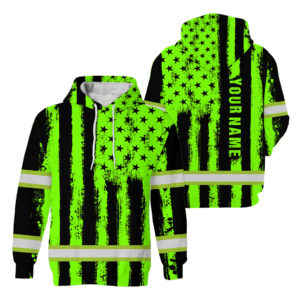 Hi Vis Hoodie Reflective Green Neon US Flag Patriotic Water Color For Workers Runners Patriotic