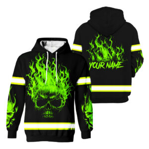 Hi Vis Hoodie Reflective Green Skull Visibility Shirt For Men Custom Name For Workers, Runners, Truckers, Patriotic, Skull Lovers