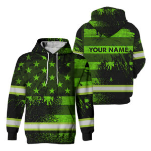 Hi Vis Hoodie Reflective Green Vintage US Flag Patriotic Custom Name Safety For Runners, Worker, Patriotic