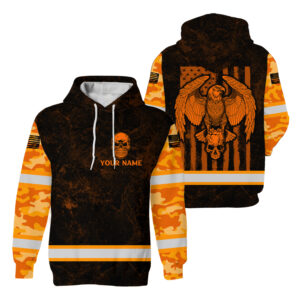 Hi Vis Hoodie Reflective Pattern Skull And Eagle Custom Name For Workers, Runners, Truckers, Skull Lovers, Patriotic
