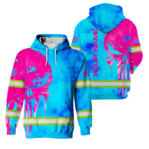 Hi Vis Hoodie Reflective Pattern Skull Custom Name For Workers, Runners, Truckers, Skull Lovers