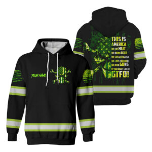 Hi Vis Hoodie Reflective Skull American US Flag Custom Name Safety Workwear For Workers, Runners, Truckers, Skull Lovers