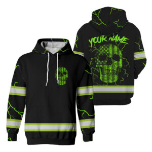 Hi Vis Hoodie Reflective Skull American US Flag Green Neon Custom Name For Workers, Runners, Truckers, Patriotic, Skull Lovers, High Visibility Shirts Class 3