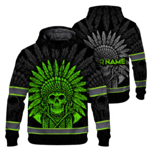 Hi Vis Hoodie Reflective Skull Native Green Neon Custom Name