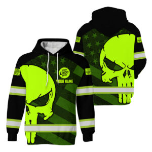 Hi Vis Hoodie Reflective Skull USA Flag Custom Name Safety Workwear American Flag Neon Purple