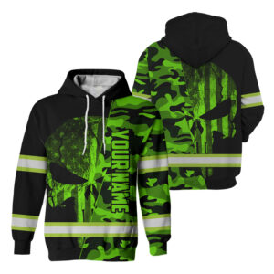 Hi Vis Hoodie Reflective Skull US Flag Camo Neon Custom Name Safety For Workers, Runners, Truckers, Skull Lovers