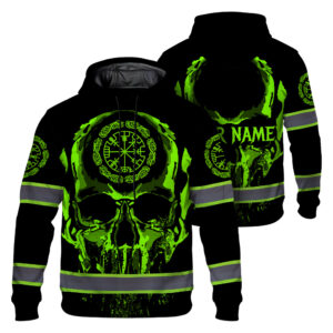 Hi Vis Hoodie Reflective Skull Viking Symbol Green Neon Custom Name For Workers, Runners, Truckers, Skull Lovers