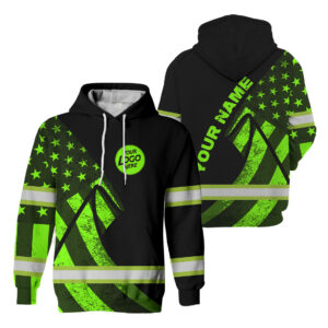 Hi Vis Hoodie Reflective Tapes Green Neon US Flag Custom Name Logo Safety Workwear