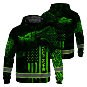 Hoodie Hi Vis Reflective Tapes Green Viking Custom Name Safety Workwear, High Visibility Shirts Class 3