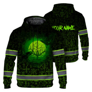 Hi Vis Hoodie Reflective Tapes Moon Raven Viking Symbol Green Neon For Workers, Runners, Truckers, Skull Lovers