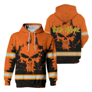 High Visibility Hoodie Reflective Orange Neon Skull Custom Name Safety Workwear For Workers, Runners, Truckers, Skull Lovers