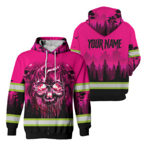 Hi Vis Hoodie Reflective Tapes Skull Pink Neon Workwear Safety For Women Men Worker, Trucker, Operator, Skull Lovers, Drivers, Runners