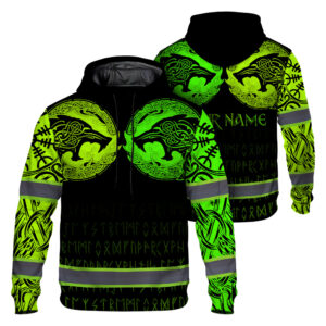 Hi Vis Hoodie Reflective Tapes Wolf Tattoo Viking Symbol Green Neon For Workwear, Runners, Walkers, Patriotic