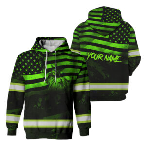 Hi Vis Hoodie Reflective USA Flag Patriotic Green Neon Custom Name For Workers Runners Patriotic