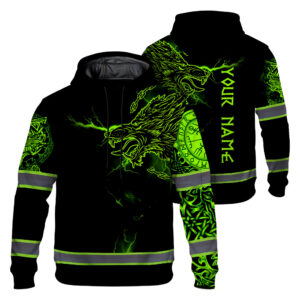Hi Vis Hoodie Reflective Viking With Chain Green Neon Custom Name For Workers, Runners, Truckers, Skull Lovers