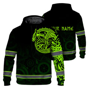 Hi Vis Hoodie Reflective Viking Wolf Green Neon Custom Name