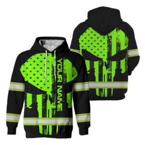 High Visibility Hoodie Green Neon Skull America Flag Custom Name Safety Workwear For Skull Lover