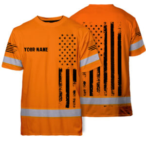 Hi Vis Shirt With Orange Neon US Flag And Custom Name For Patriotic Safety Workwear