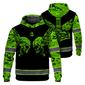 Hoodie Hi Vis Reflective Skull Viking Camo Neon Custom Name Safety Workwear For Workers, Runners, Truckers, Skull Lovers