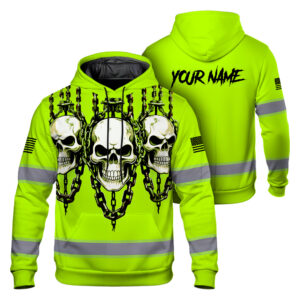High Visibility Hoodie Green Reflective Skull Safety Shirt For Workers, Runners, Truckers, Skull Lovers