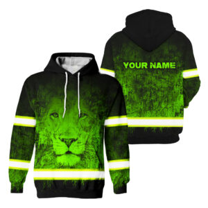 High Visibility Hoodie for Men Custom Name Lion Green Safety Workwear