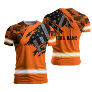 Hi Vis Shirts For Men Camo Orange Neon Scratch US Flag Custom Name Safety Workwear