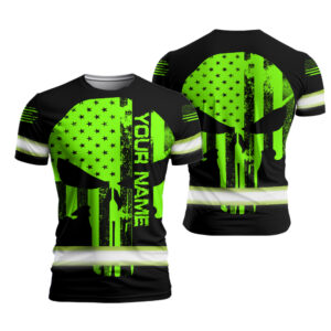 Hi Vis Shirt Skull US Flag Neon Purple Reflective Custom Name Safety Workwear For Workers, Skull Lovers