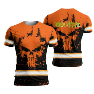 Custom Hi Vis Safety Shirt With Orange Neon Skull Design And Scratch Graphics