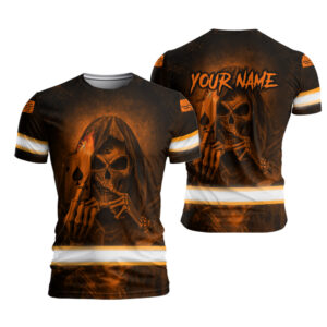Custom Name Hi Vis T Shirt With Striking Orange Neon Skull For Safety