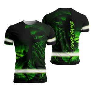 Hi Vis Shirt With Custom Name And Green Neon Death Skull Design For Safety Workwear
