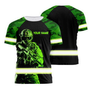 Hi Vis Safety Shirt In Black And Camo With Veteran Design Plus Custom Name For Military, Soldier, Patriotic Workwear