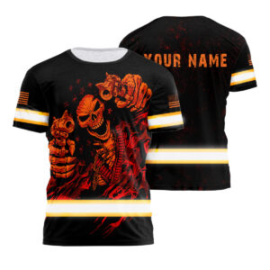 Custom Hi Vis Shirt Featuring Black And Orange Neon Skull With Gun Graphic And Personalized Name