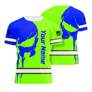Cotton Hi Vis Shirts Blue And Green Neon Skull US Flag Custom Name Safety Workwear For Workers, Runners, Cyclists, Trucker, Operator, Patriotic