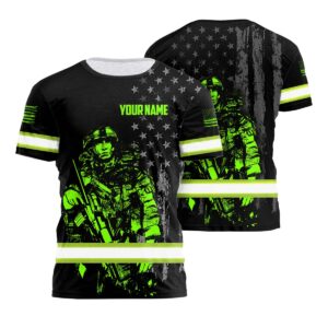 High Visibility T Shirt With Brave Military Vintage US Flag And Custom Name For Safety Workwear