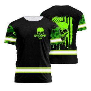 Camo Skull US Flag Hi Vis Shirt - Custom Name Safety Workwear For Runners, Cyclists, Patriotic