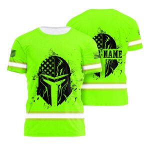 Hi Vis Safety Shirt Featuring US Flag And Spartan Skull With Cracked Effect And Your Name