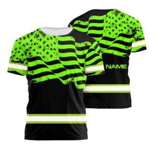 Reflective Hi Vis Work T Shirt In Green And Black With US Flag - Personalized Name Option