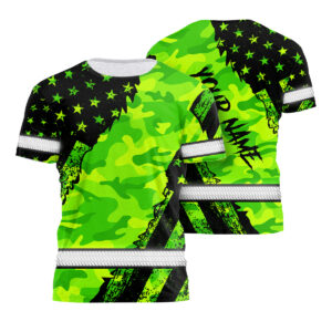 Reflective Shirts For Men Green Neon Pattern Camo Scratch US Flag Patriotic Custom Name Safety Workwear For Runners, Patriotic