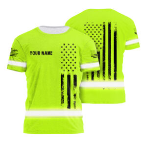 Personalized Hi Vis Green Neon American Flag Safety Work Shirt For Patriots