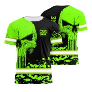 Hi Vis Safety Shirt With Bold Green Neon Skull Design Plus Custom Name And Logo For Standout Workwear