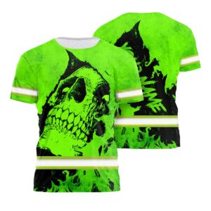 Mens Hi Vis Shirt With Bold Green Neon Scratched Skull And Custom Name For Protection