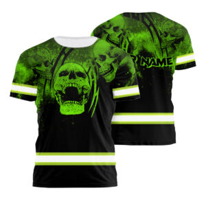 Hi Vis T Shirt Reflective Tapes Green Neon Skull Custom Name Safety Workwear For Skull Lovers, Workers, Runners, Cyclists