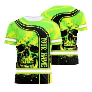 Personalized Hi Vis Shirt Green Neon Skull - Safety Workwear For Workers, Runners, Cyclists